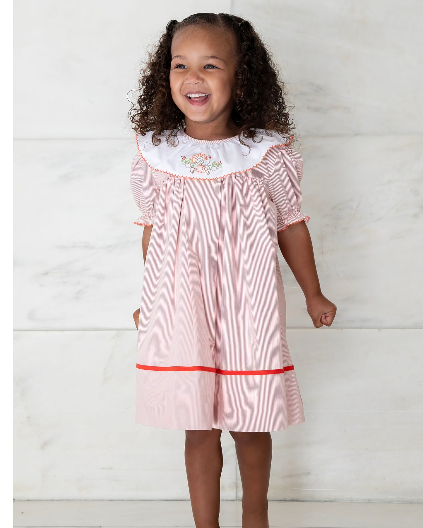 Yellow Lamb Girls Orange Garner Dress with Turkey Embroidery