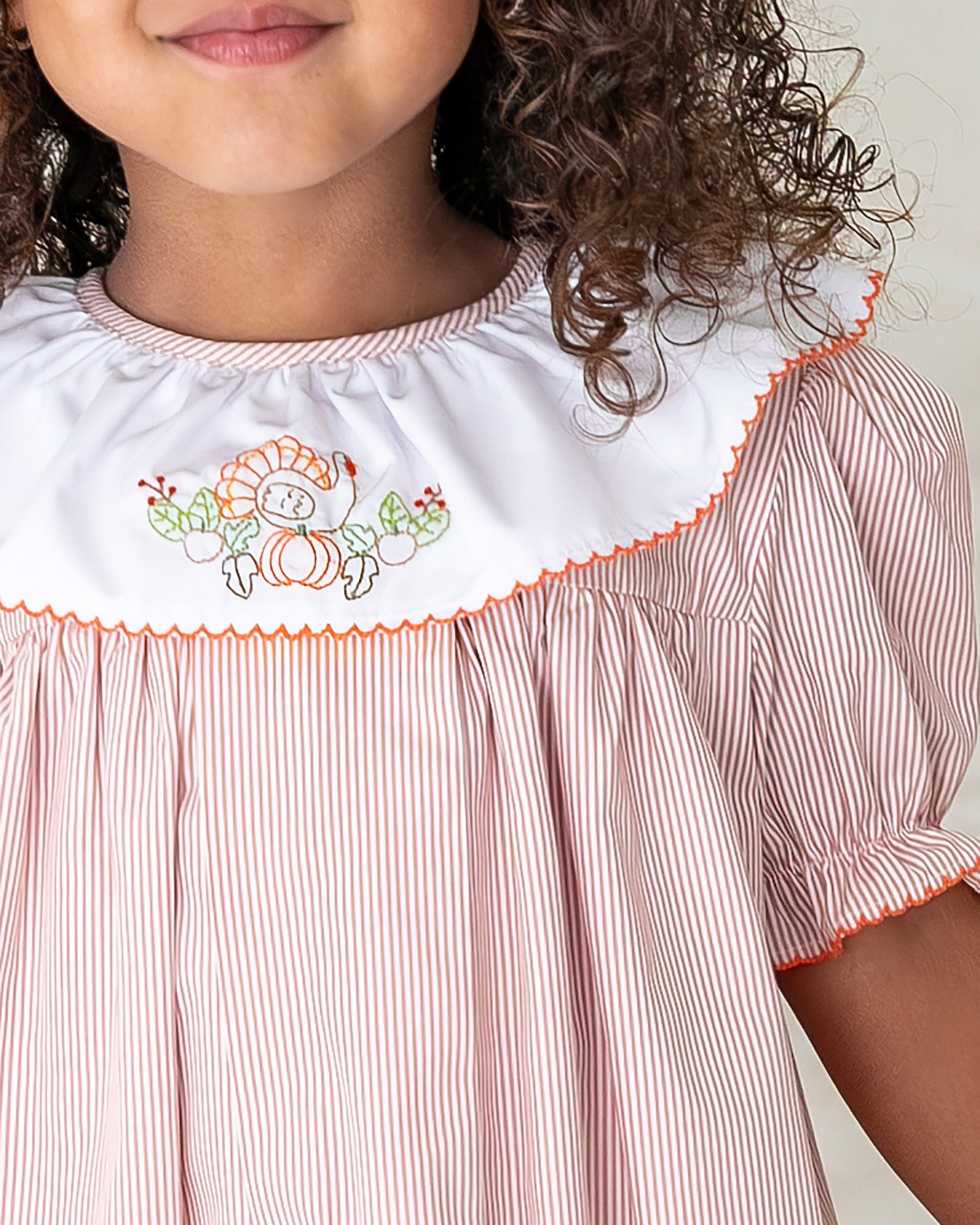 Yellow Lamb Girls Orange Garner Dress with Turkey Embroidery