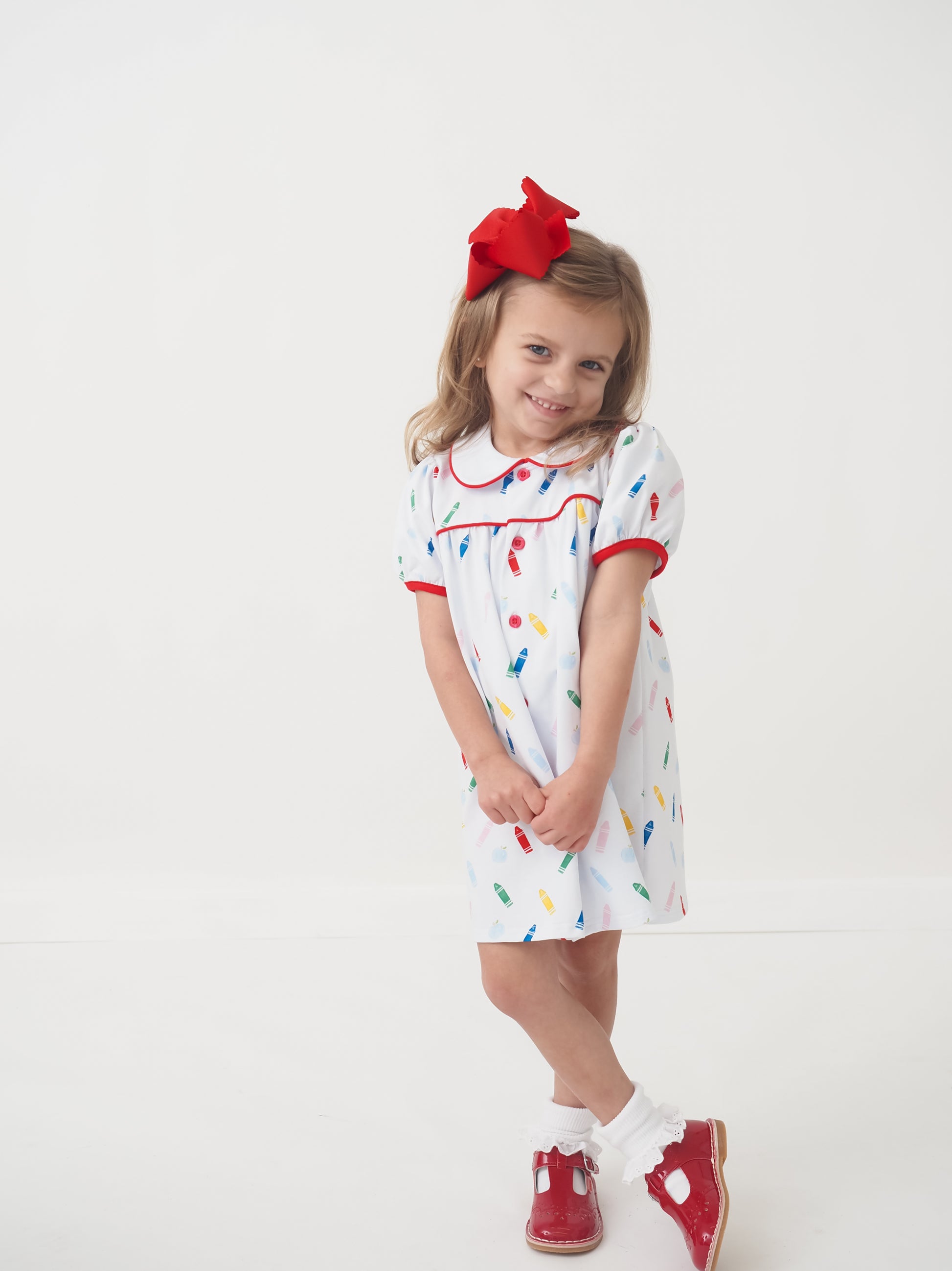 Cypress Row Girls Proper Dress - Color My World School Crayons Print