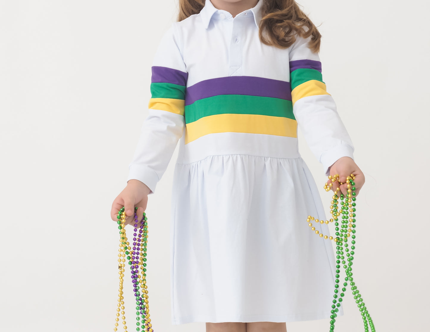 Cypress Row Girls Mardi Gras Rugby Stripes On White Dress with Collar