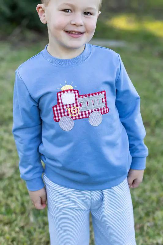 Trotter Street Kids Boys Blue French Terry Pullover - Fire Truck