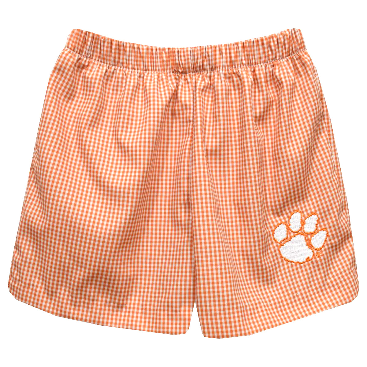 Orange checkered shorts with a white paw print on a white background