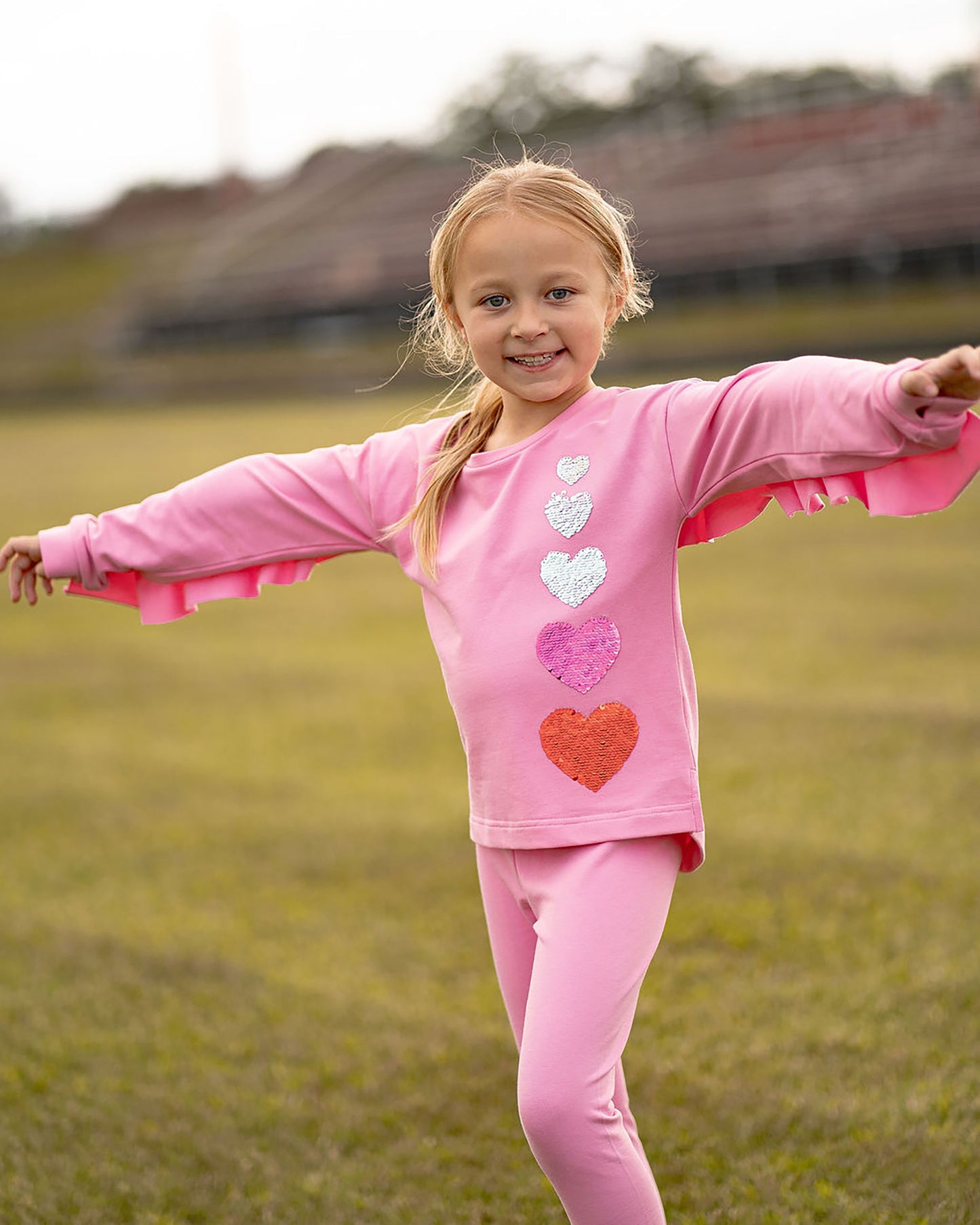 Yellow Lamb Girls Tabby Top - Pink with Hombre Valentine Hearts - Ruffle Back