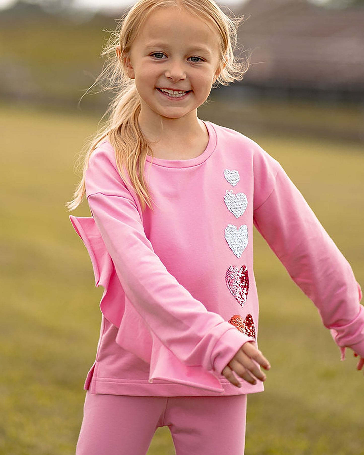Yellow Lamb Girls Tabby Top - Pink with Hombre Valentine Hearts - Ruffle Back