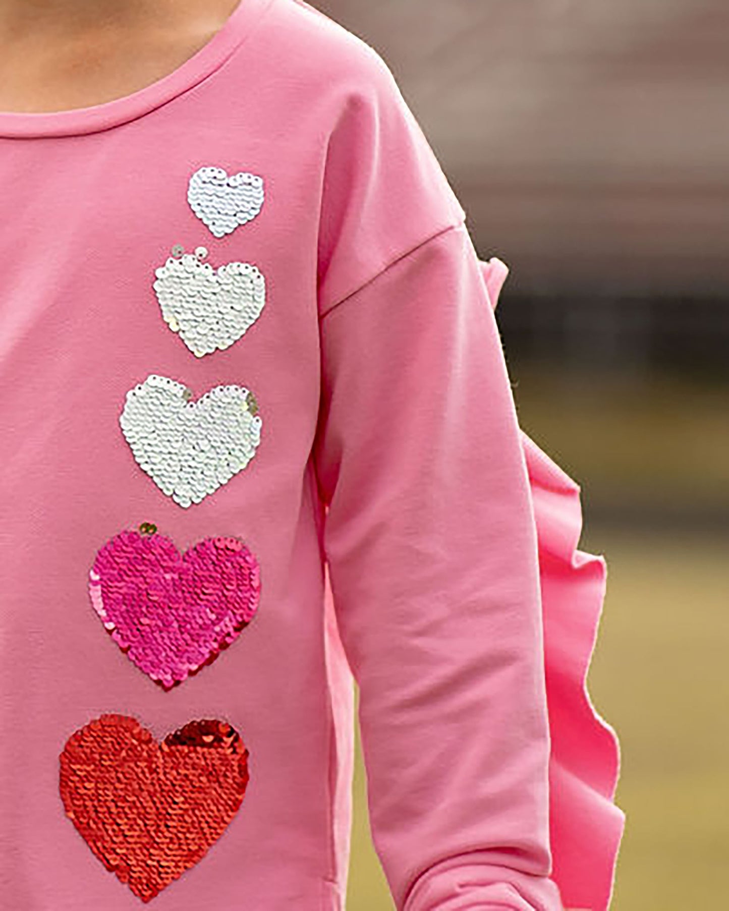 Yellow Lamb Girls Tabby Top - Pink with Hombre Valentine Hearts - Ruffle Back