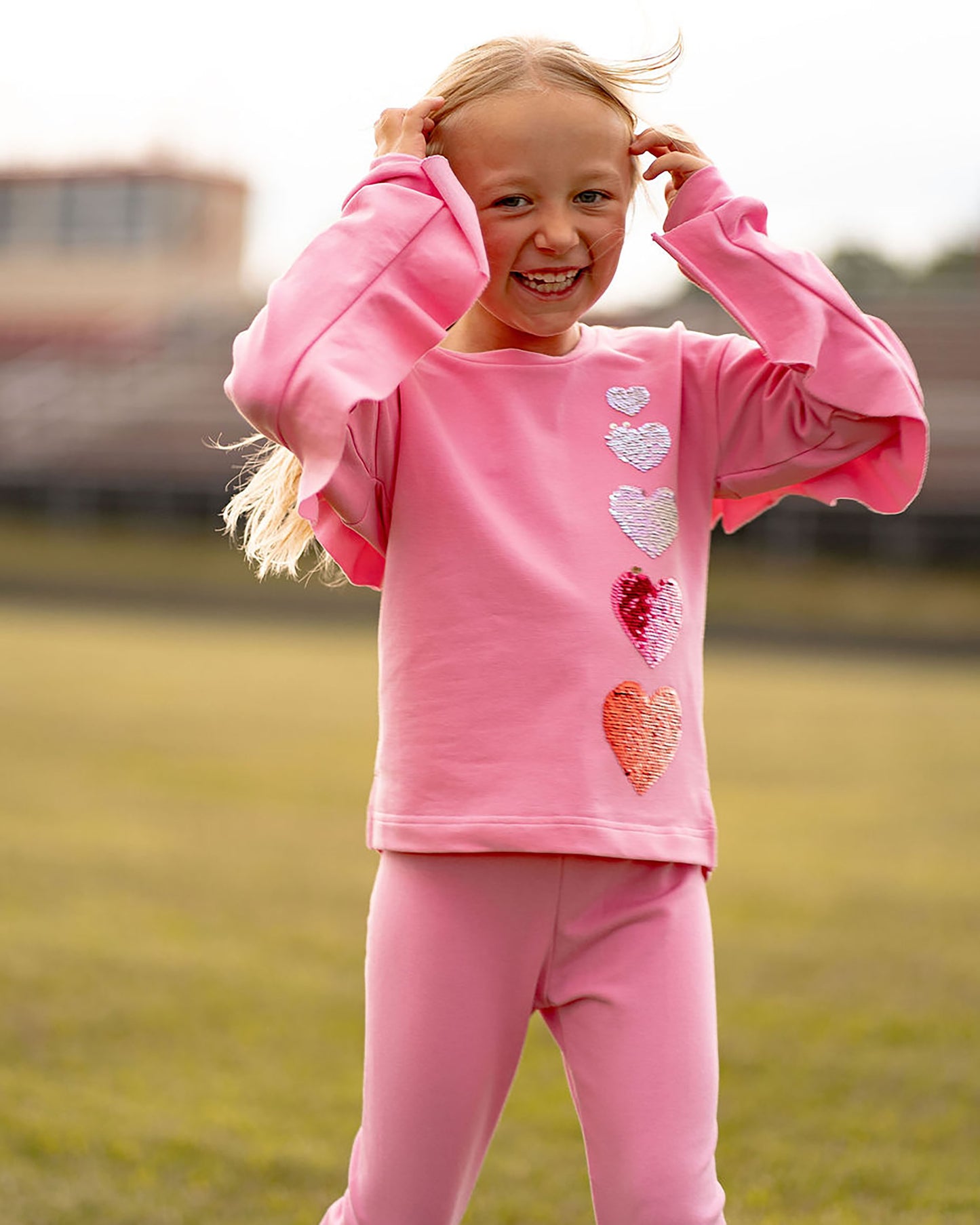 Yellow Lamb Girls Tabby Top - Pink with Hombre Valentine Hearts - Ruffle Back