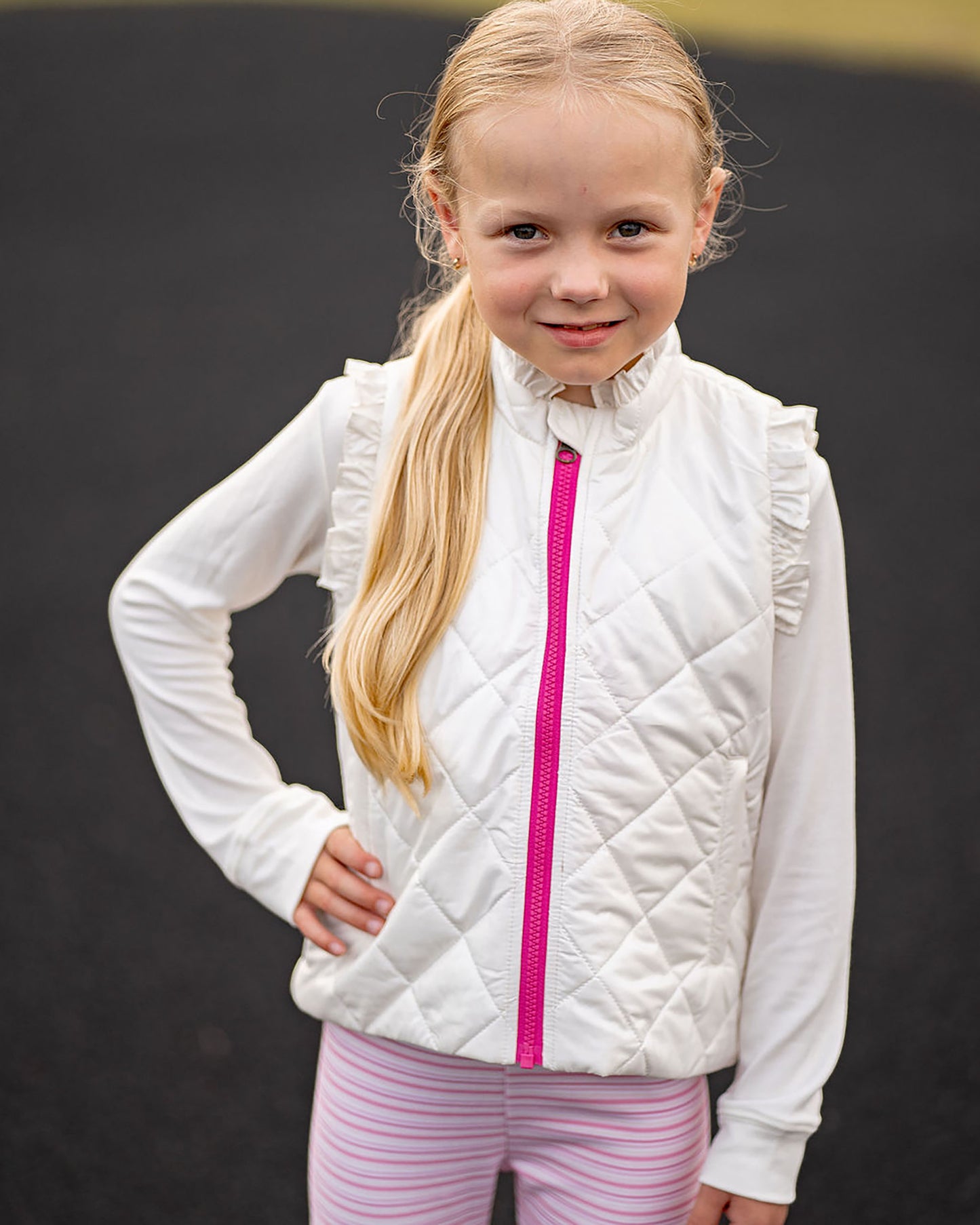 Yellow Lamb Girls Quilted Vera Vest with Ruffles - Winter White Shimmer