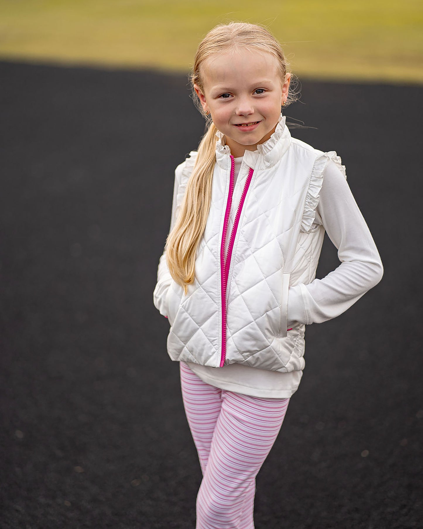 Yellow Lamb Girls Quilted Vera Vest with Ruffles - Winter White Shimmer