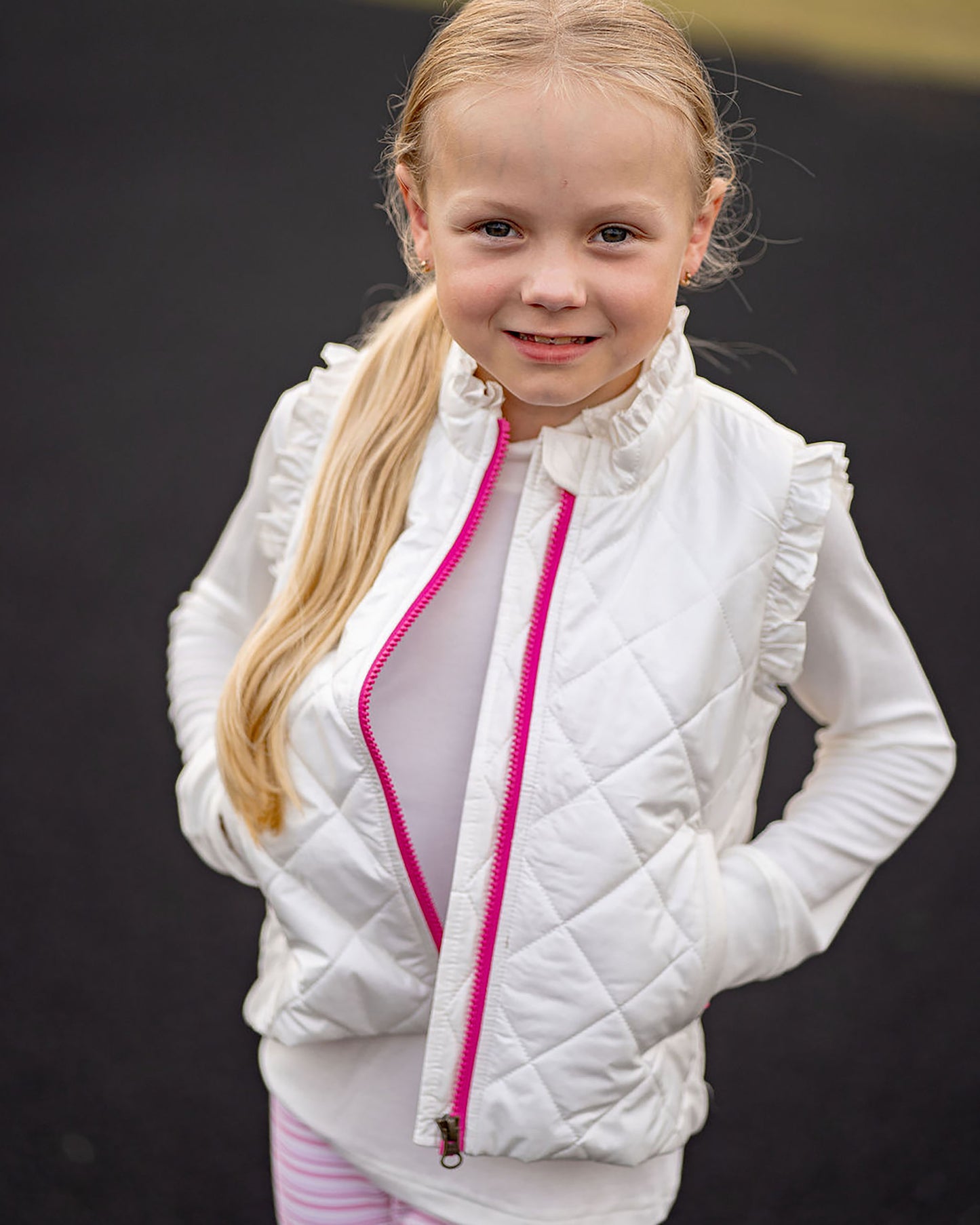 Yellow Lamb Girls Quilted Vera Vest with Ruffles - Winter White Shimmer