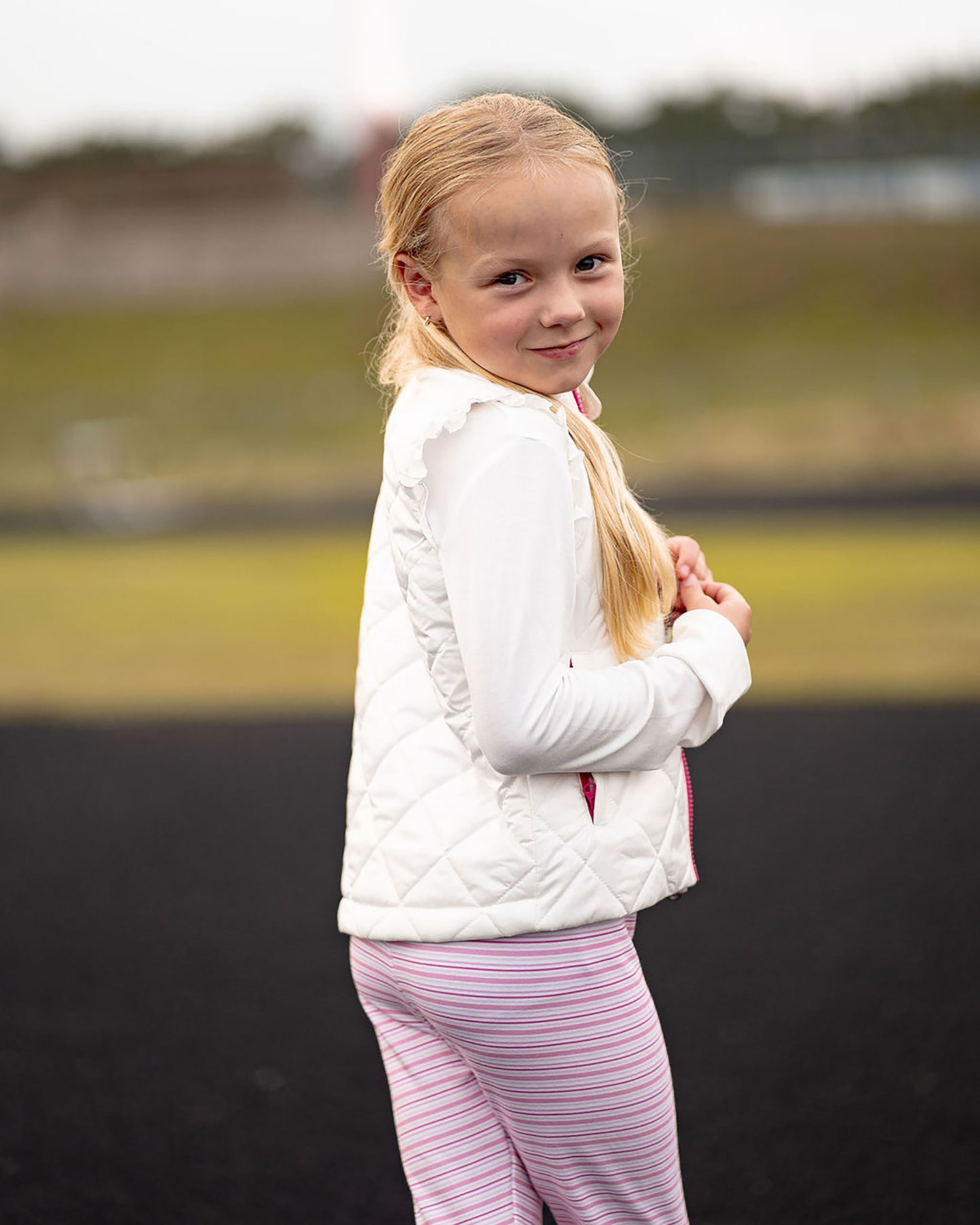 Yellow Lamb Girls Quilted Vera Vest with Ruffles - Winter White Shimmer