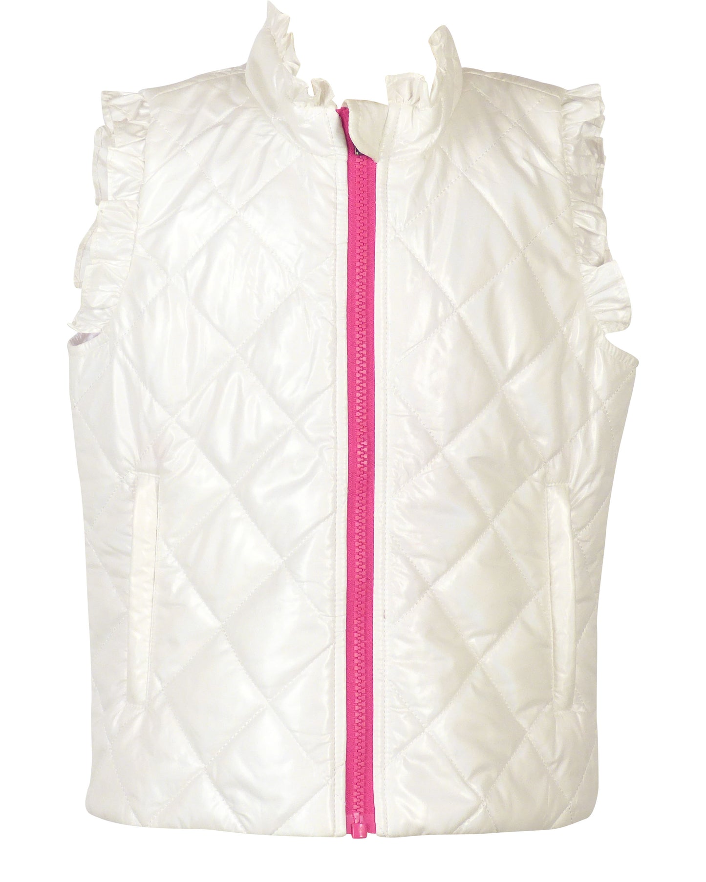 Yellow Lamb Girls Quilted Vera Vest with Ruffles - Winter White Shimmer