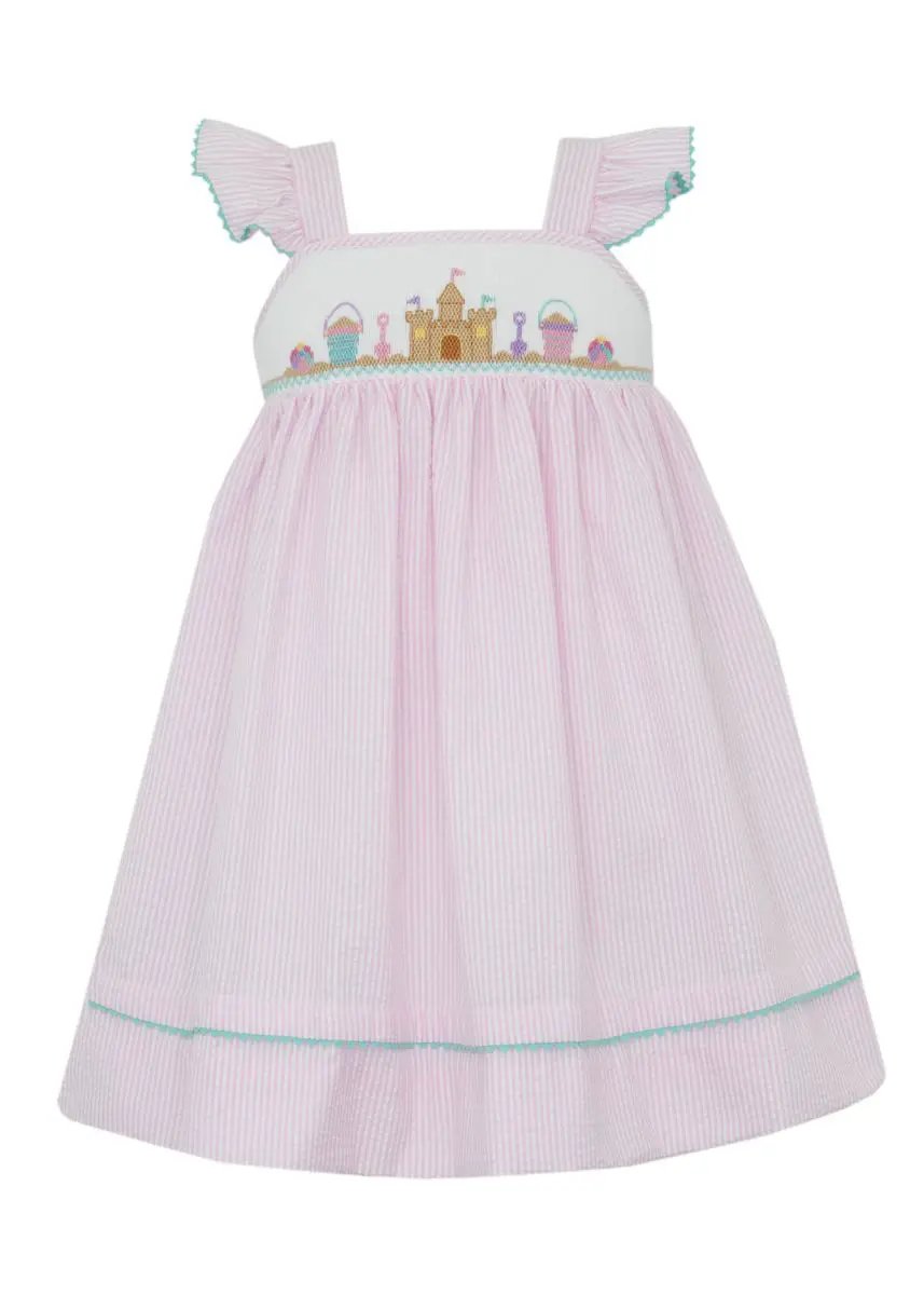 Anavini Girls Pink Seersucker Strap Sundress - Castle Beach by Anavini