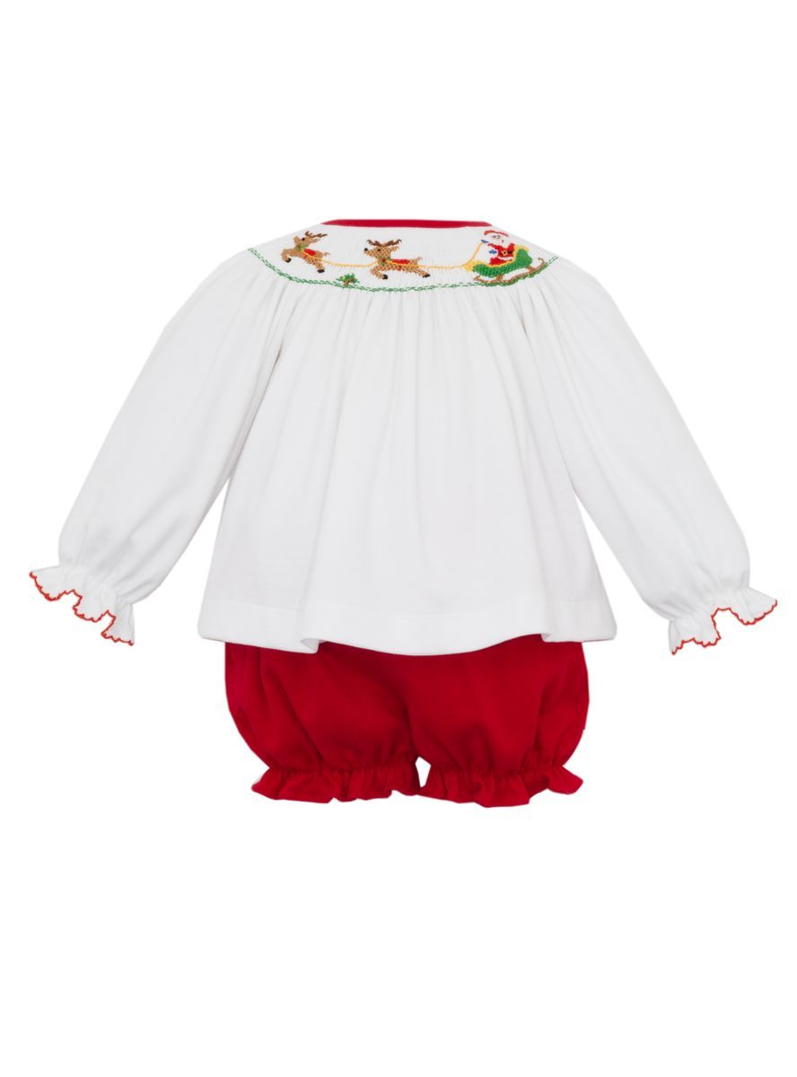 Petit Bebe Knits Girls Red Holiday Bloomer Set with White Santa Sleigh Long Sleeve Tunic by Petit Bebe