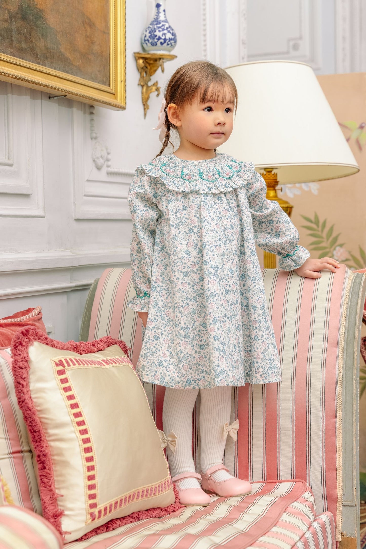 Antoinette Paris Girls Blue & Pink Floral Smocked Collar Dress