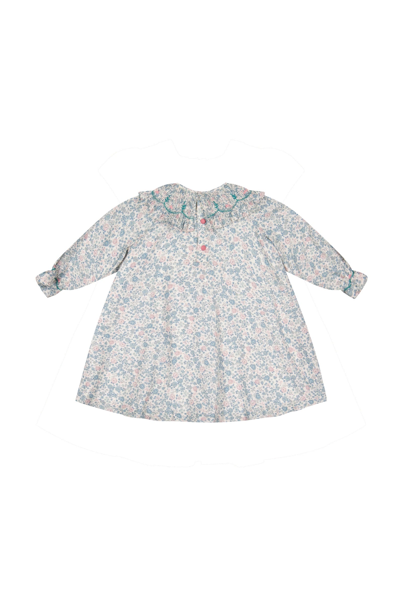 Antoinette Paris Girls Blue & Pink Floral Smocked Collar Dress