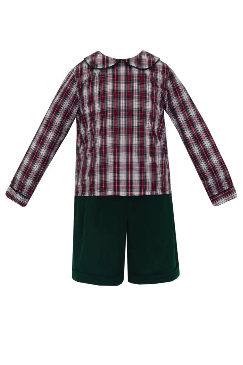 Claire & Charlie Boys Green Corduroy Short Set with Long Sleeve Plaid Shirt by Claire & Charlie