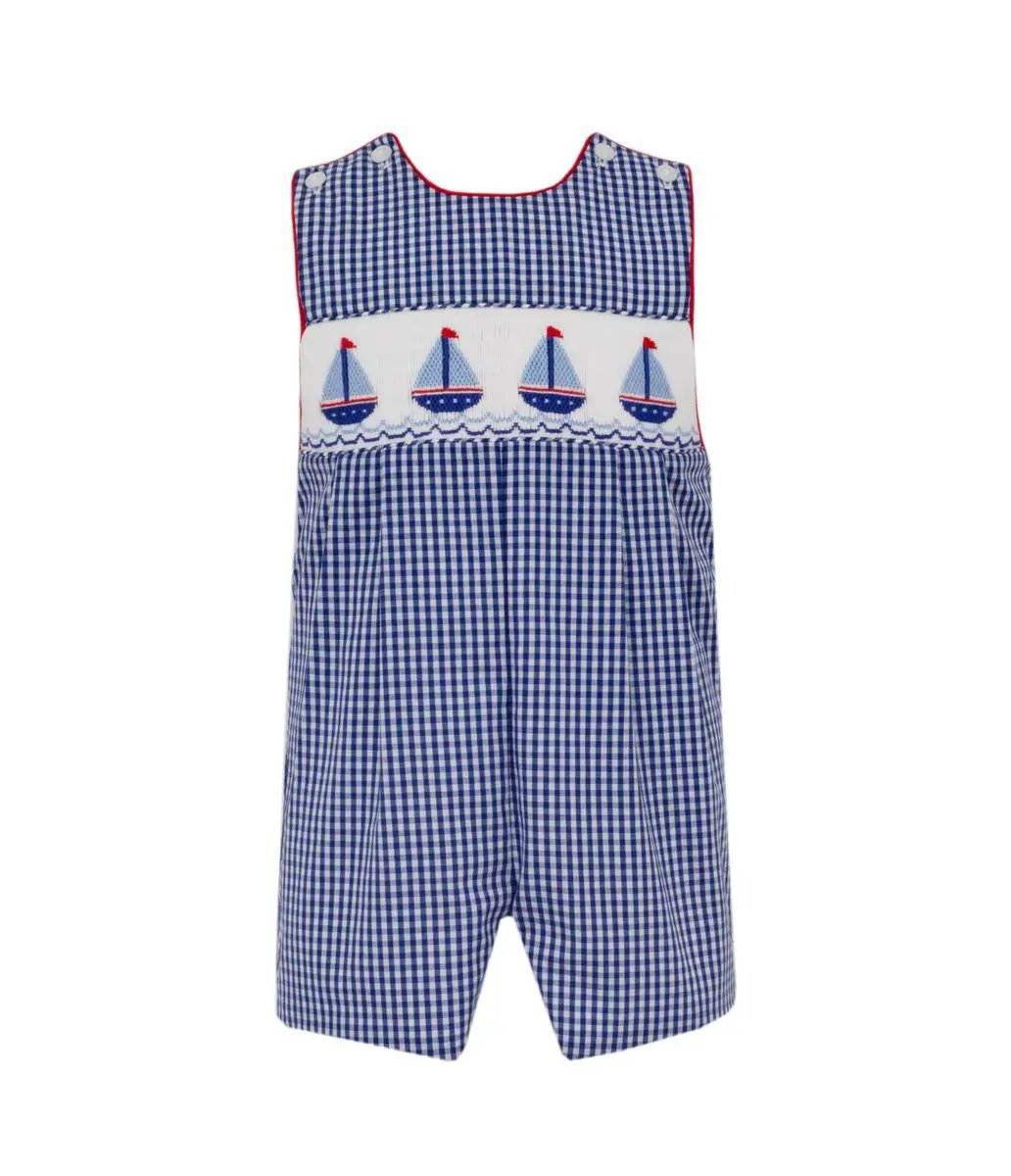 Anavini Boys Navy Blue Gingham Sailboats Shortall by Anavini