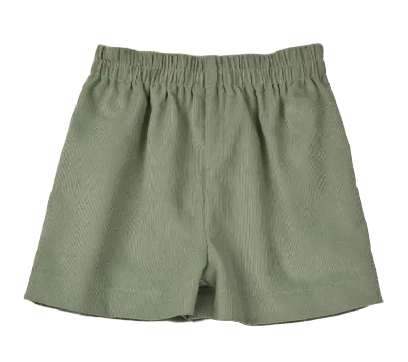 A pair of sage green shorts with an elastic waistband, laid flat against a white background.