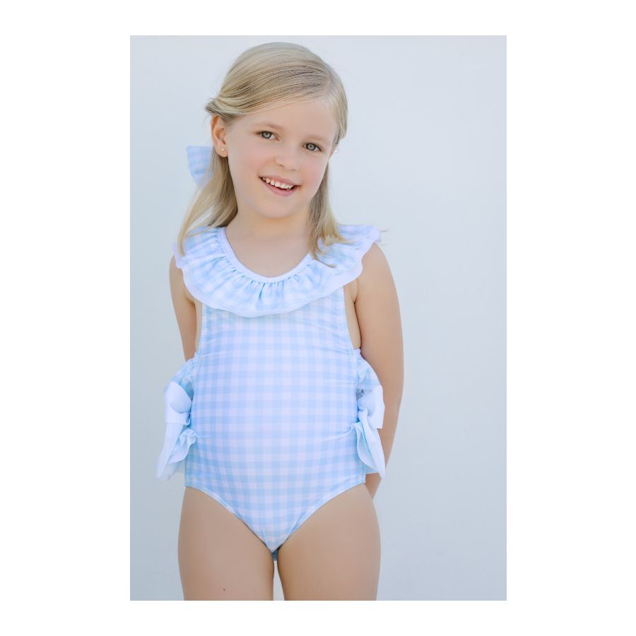 Sal & Pimenta Girls Gingham Swimsuit - Bows on Hips - Blue