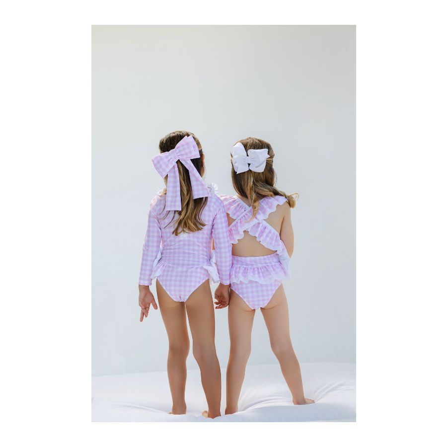 Sal & Pimenta Girls Long Sleeve Rash Guard Swimsuit - Pink Gingham