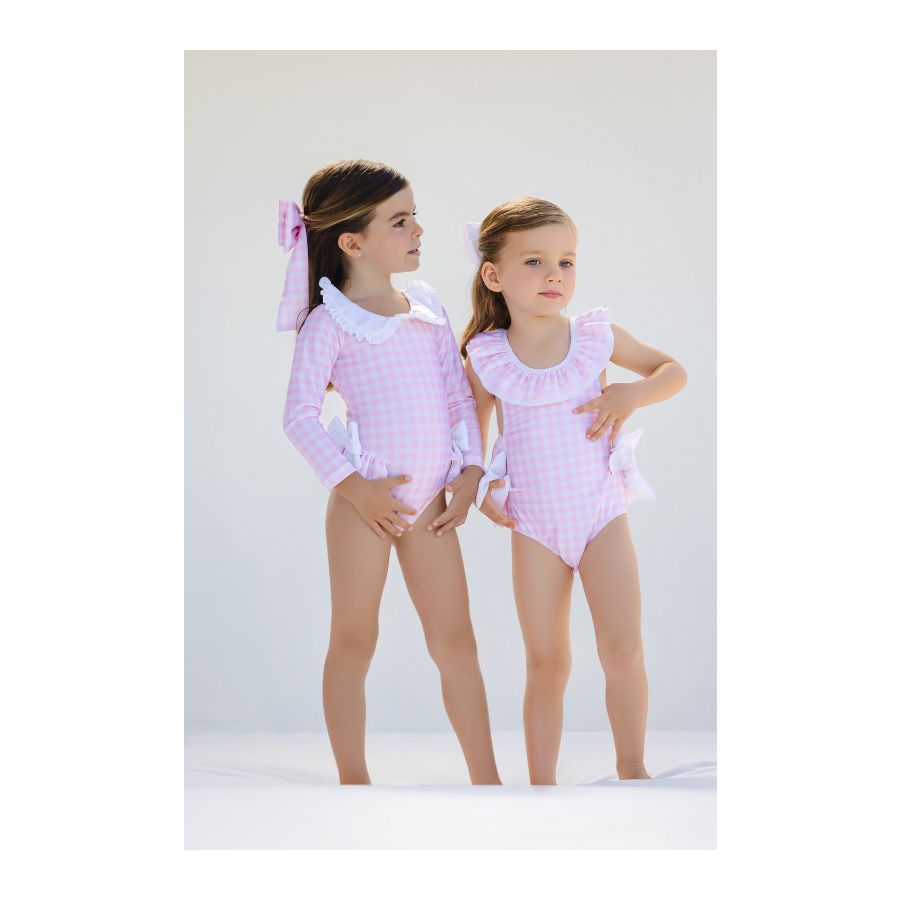Sal & Pimenta Girls Long Sleeve Rash Guard Swimsuit - Pink Gingham