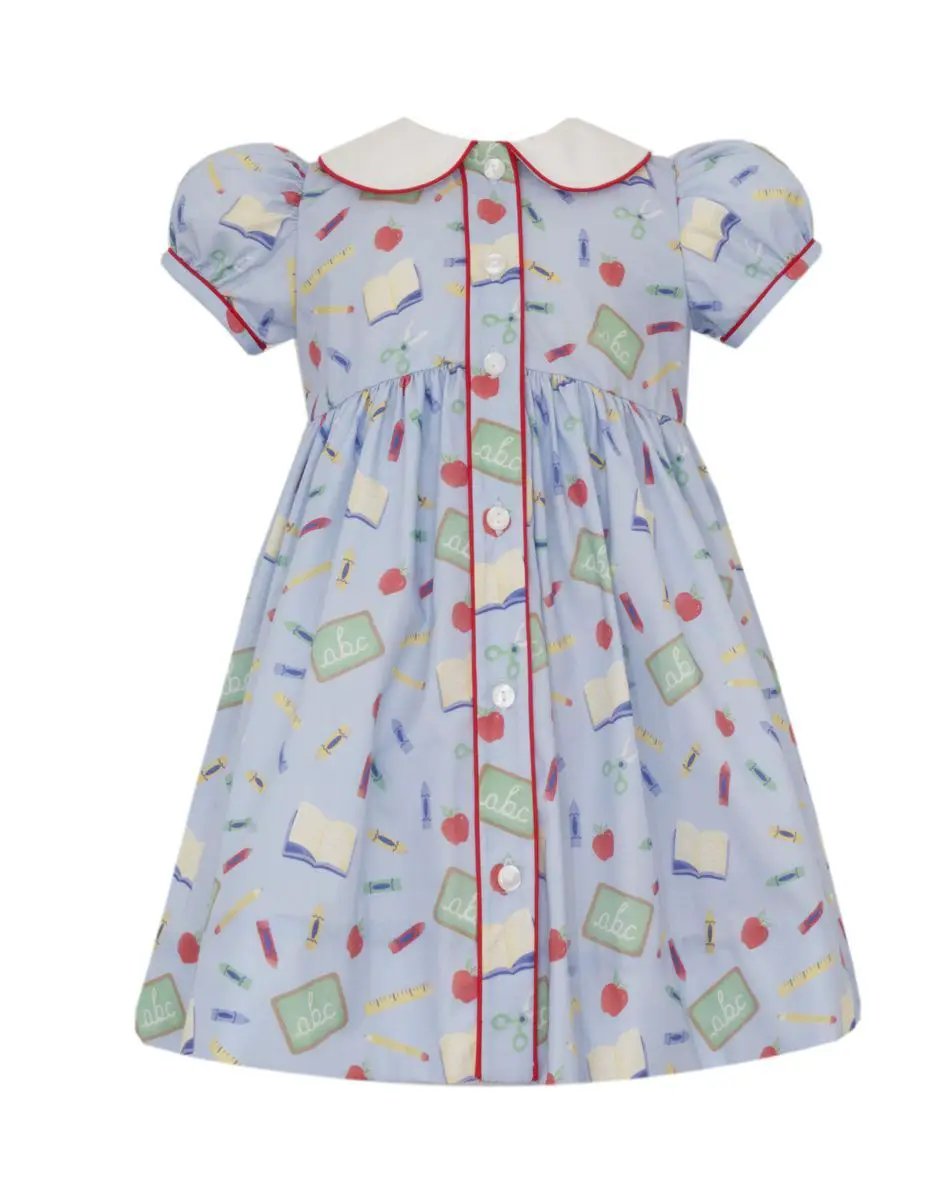 Petit Bebe Girls Back to School Print Dress with Front Buttons