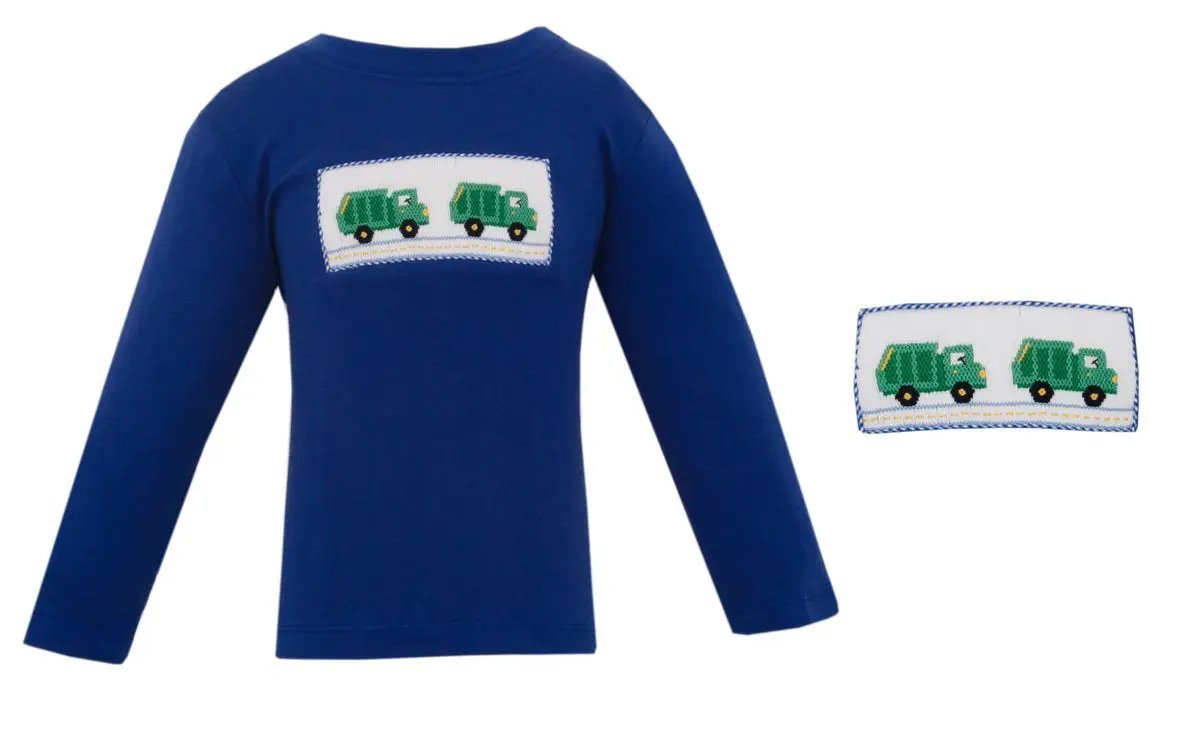 Anavini Boys Royal Blue Knit Smocked Garbage Truck Long Sleeve Tee Shirt