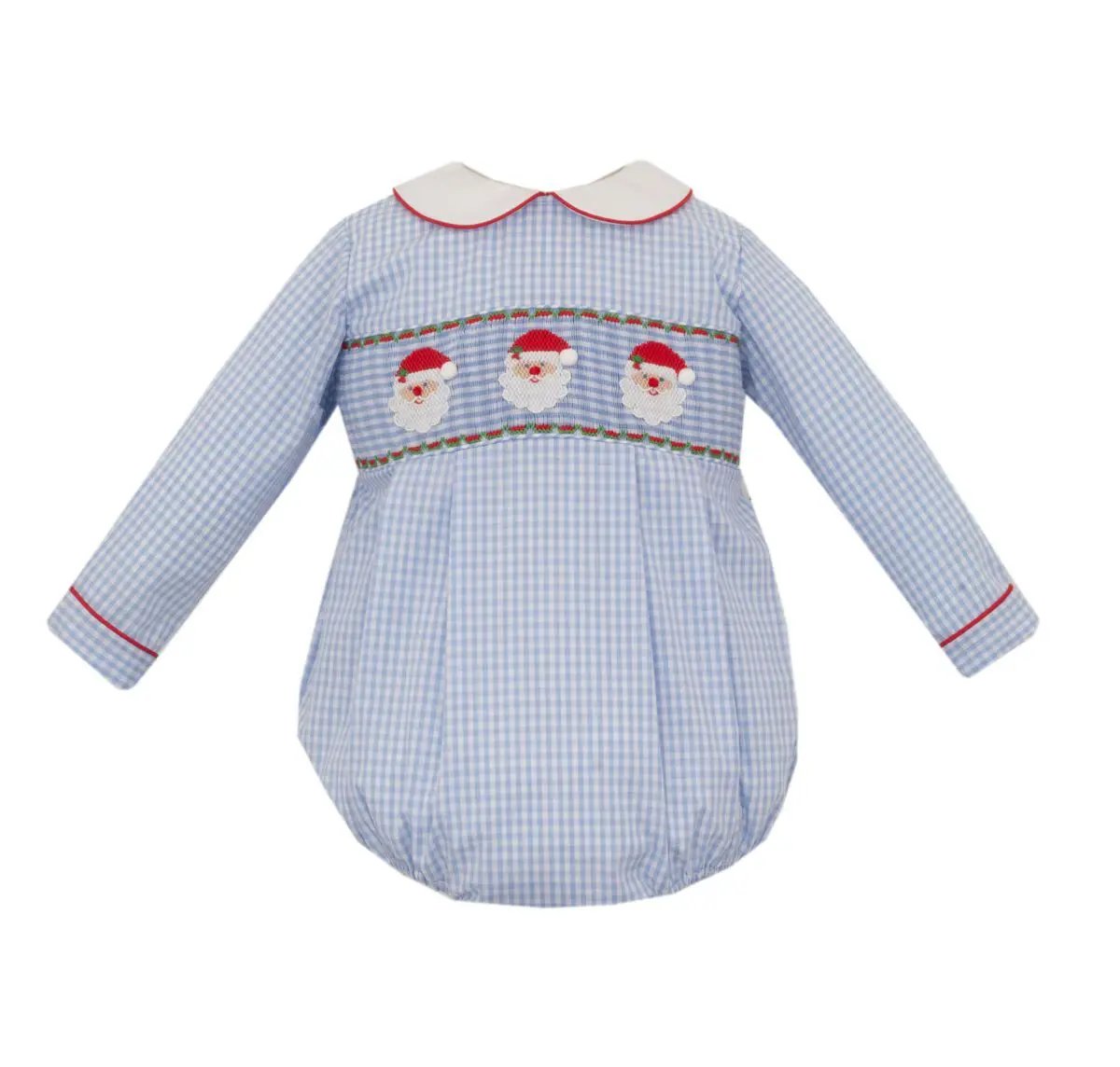 Anavini Boys Blue Gingham Santa Face Long Sleeve Bubble by Anavini