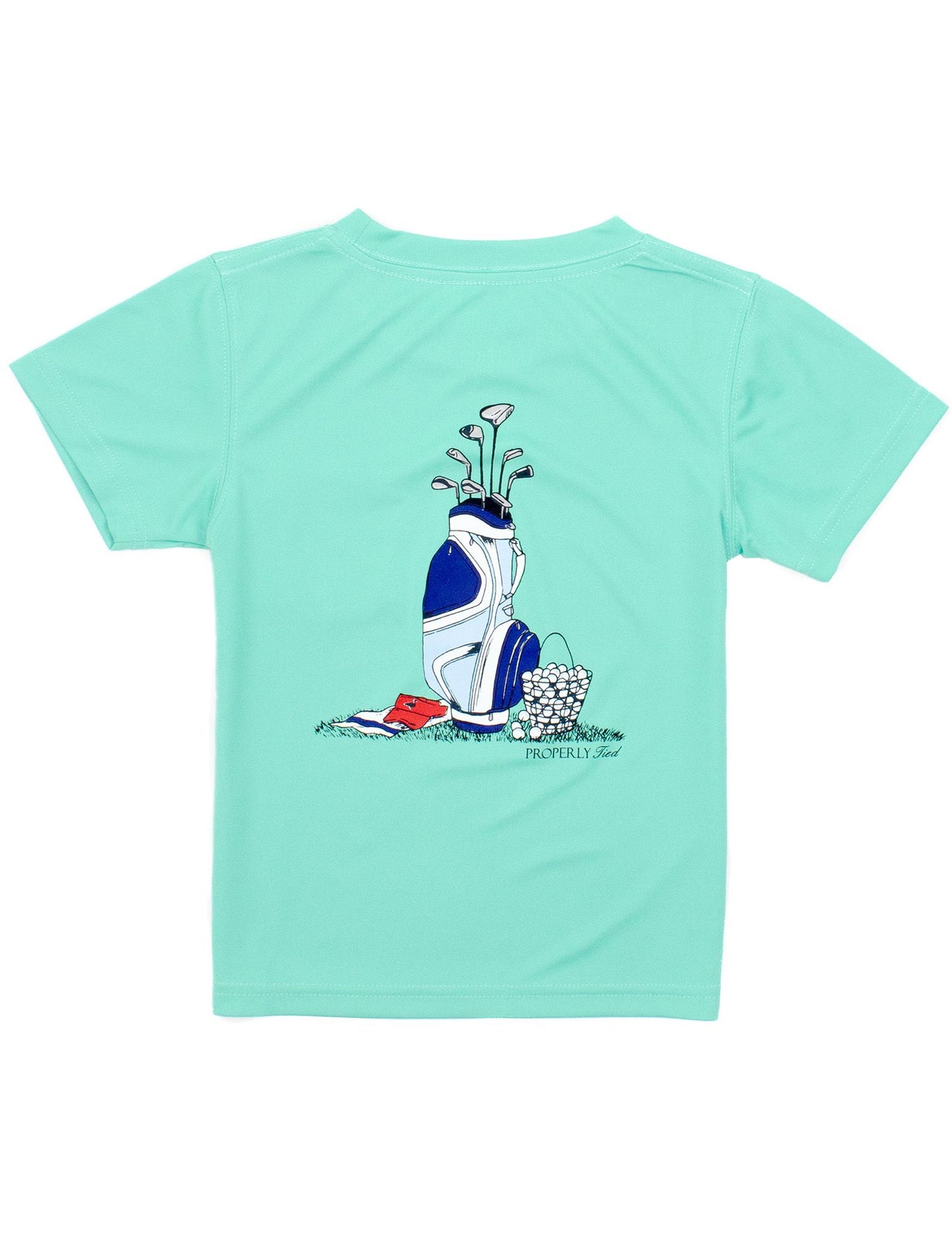 Properly Tied Boys Performance Tee Shirt - Logo Pocket on Front - Back Graphic - Golf Clubs on Soft Green by Properly Tied