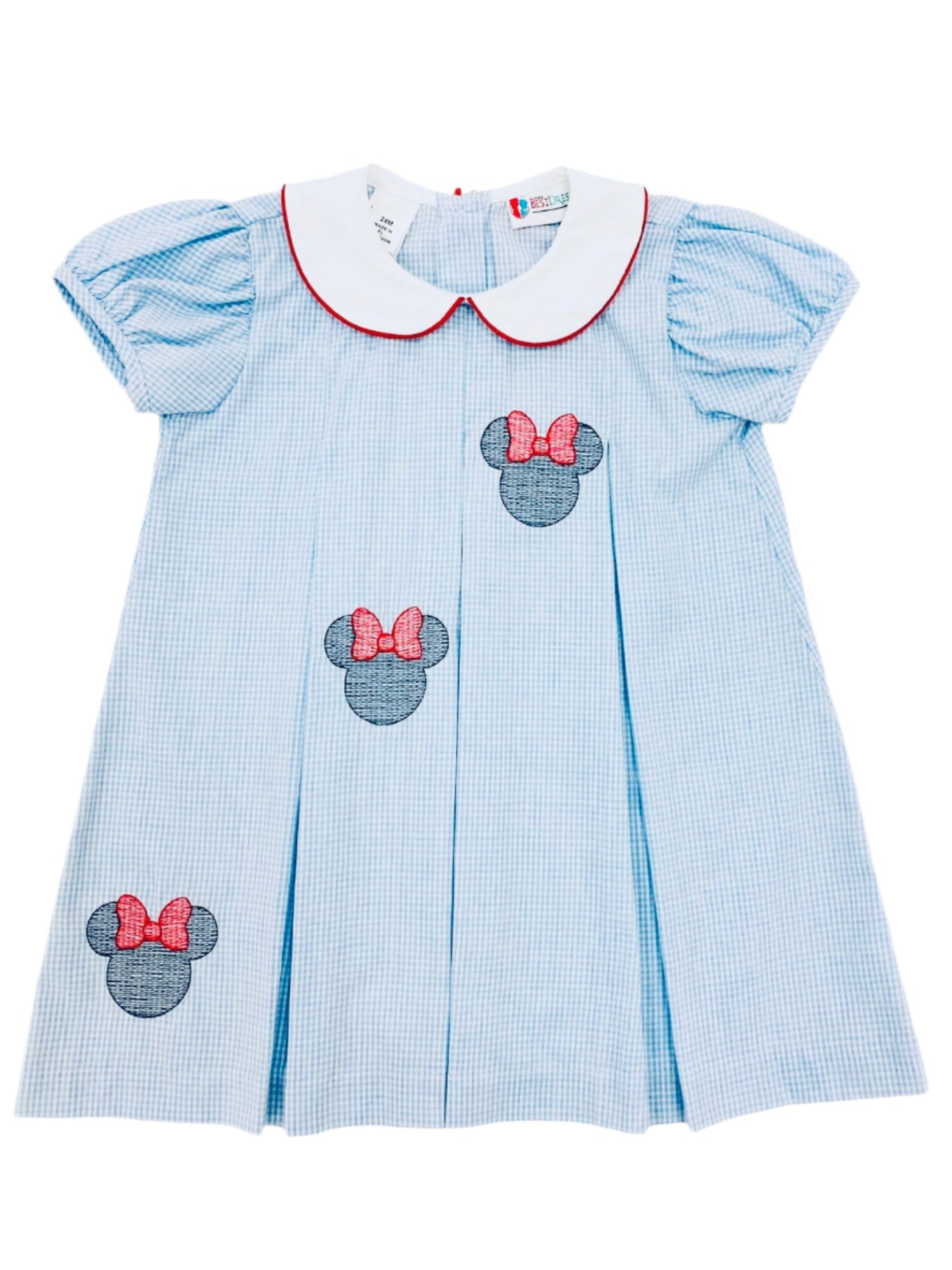 LuLu BeBe Girls Light Blue Gingham Pleat Dress - Trio of Minnie Mouse Wearing Red Bows by LuLu BeBe