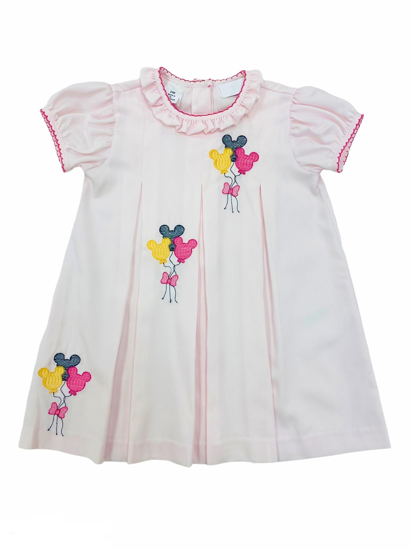 LuLu BeBe Girls Pink Pleat Dress - Trio of Mouse Ears Balloons - Hot Pink Trim