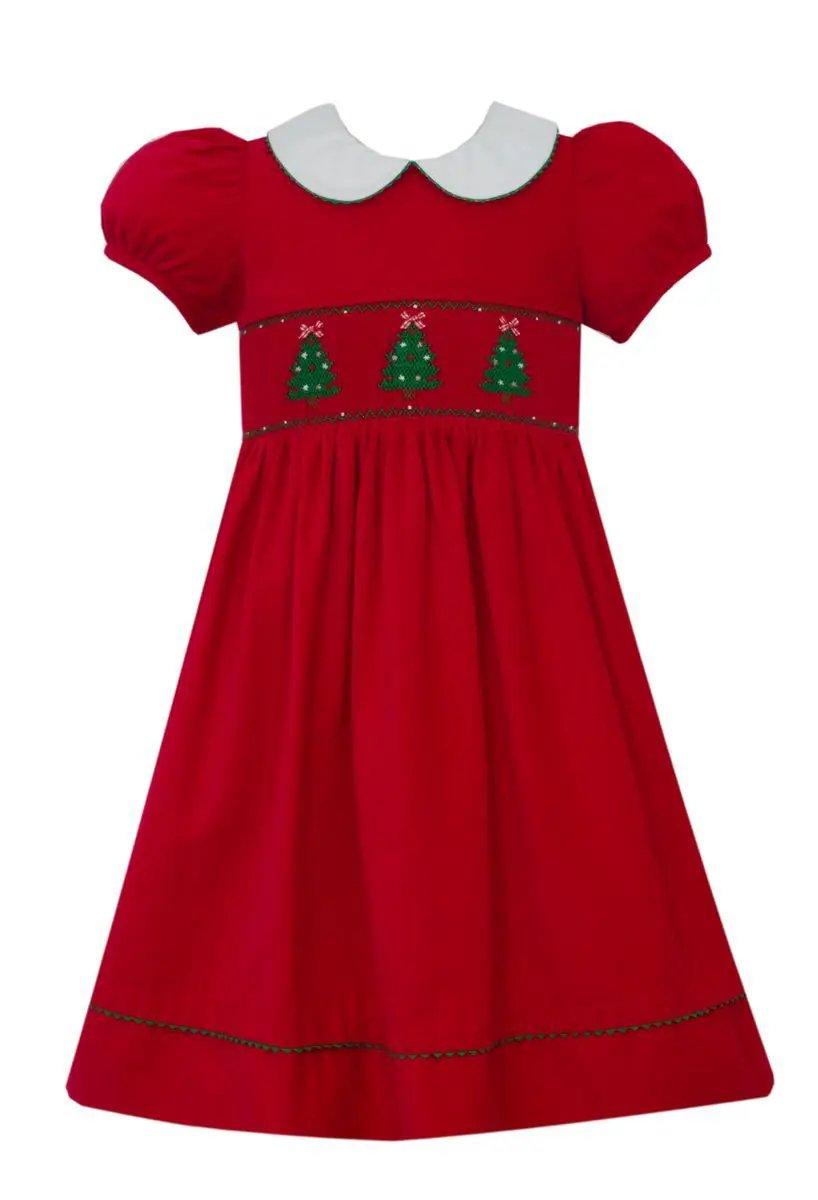Anavini Girls Red Corduroy Xmas Trees Short Sleeve Dress by Anavini