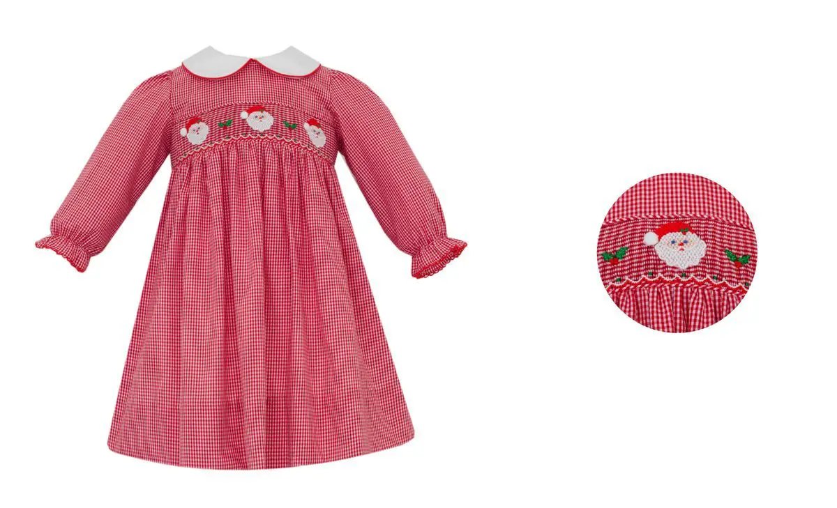 Petit Bebe Girls Red Santa Face Gingham Long Sleeve Dress by Petit Bebe
