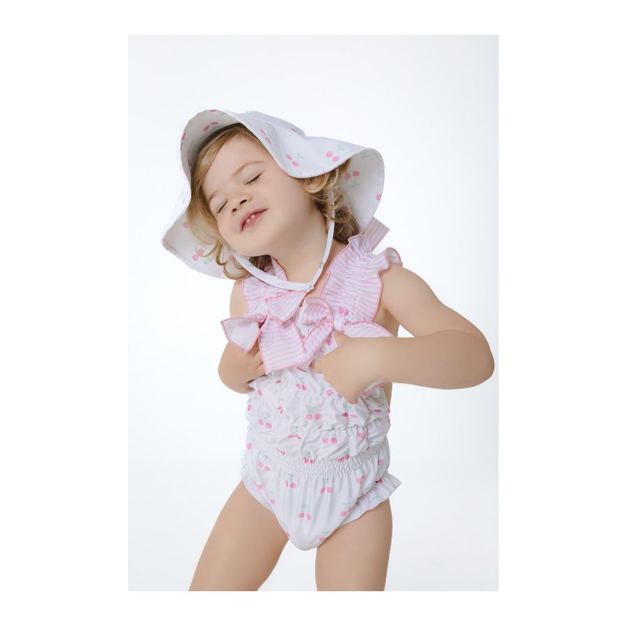 Sal & Pimenta Girls Pink Cherries Frilled Swimsuit - Bows on Straps