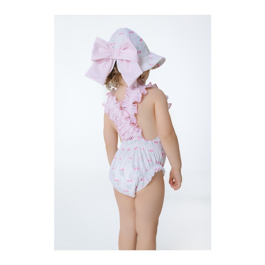 Sal & Pimenta Girls Pink Cherries Frilled Swimsuit - Bows on Straps