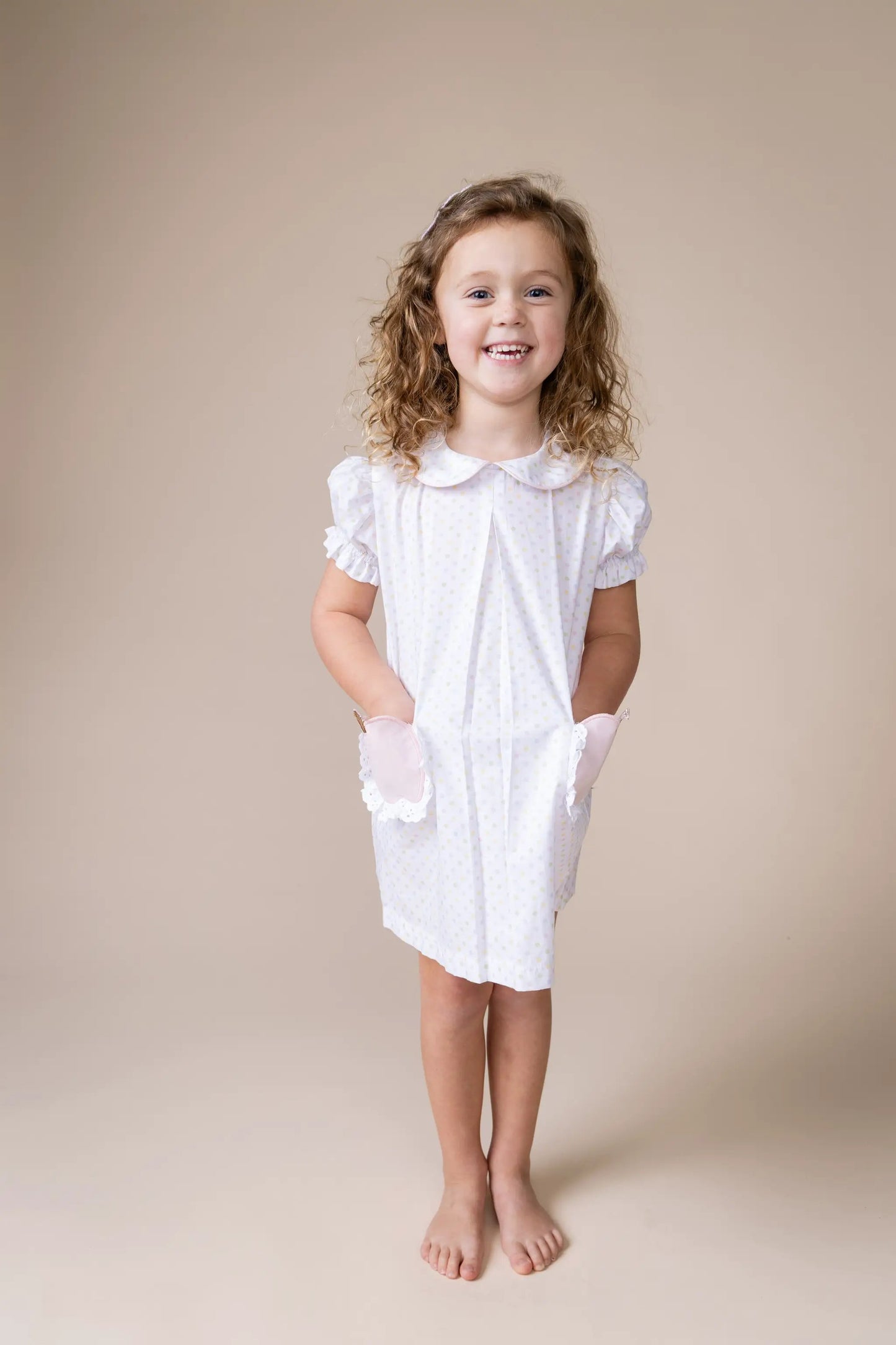 Percy & Tyne Girls Pastel Polka Dots Pink Apple Pockets School Day Dress