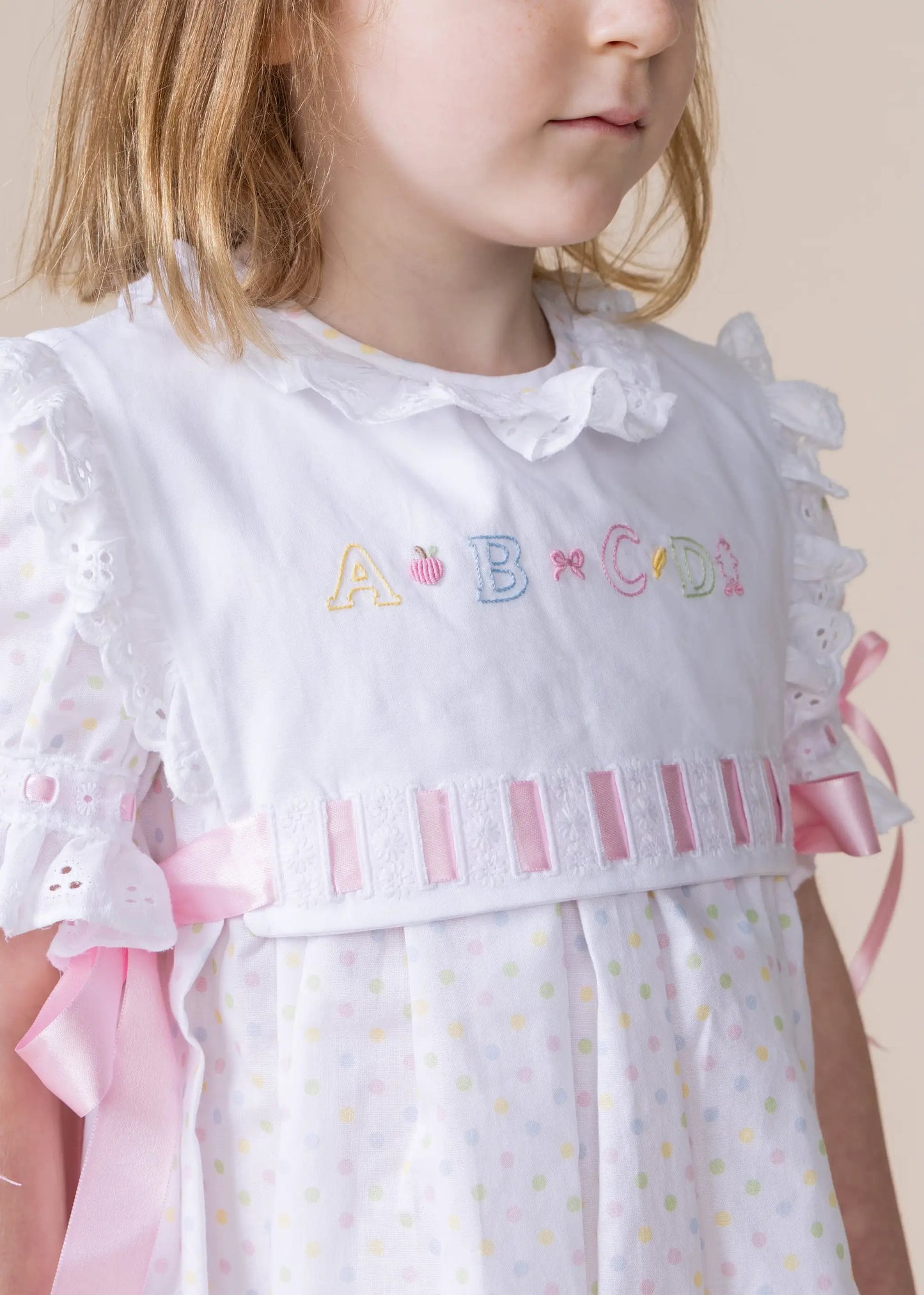 Percy & Tyne Girls Pastel Polka Dots Margaret Dress with Ribbon - Add the Popover!