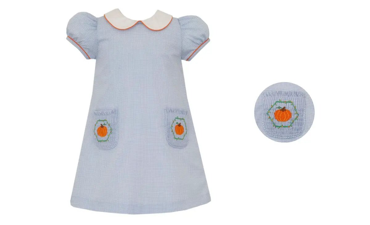 Anavini Girls Light Blue Gingham Pumpkin Dress with Smocked Pockets