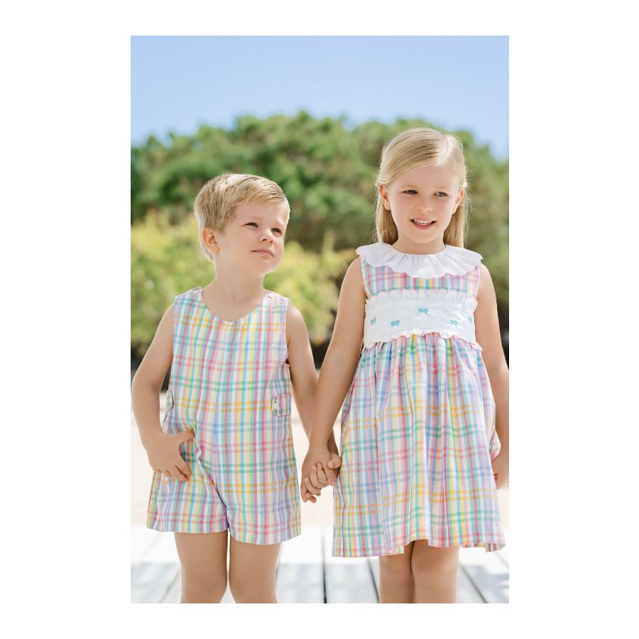 Sal & Pimenta Girls Rainbow Gingham Dress - Embroidered Sash