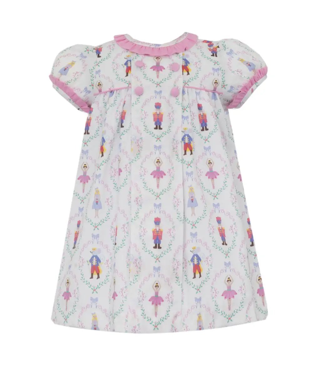 Claire & Charlie Girls Nutcracker Print Float Dress with Pink Ruffle Collar by Claire & Charlie