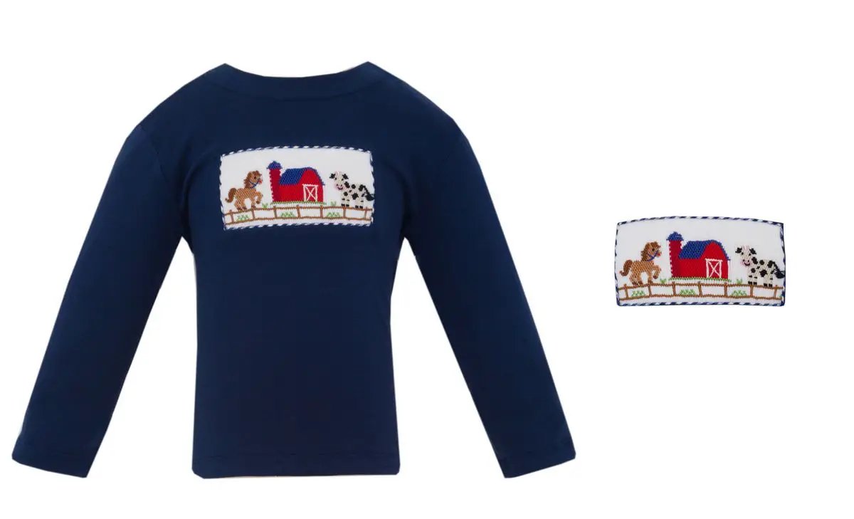 Anavini Boys Navy Blue Knit Smocked Farm Long Sleeve Tee Shirt