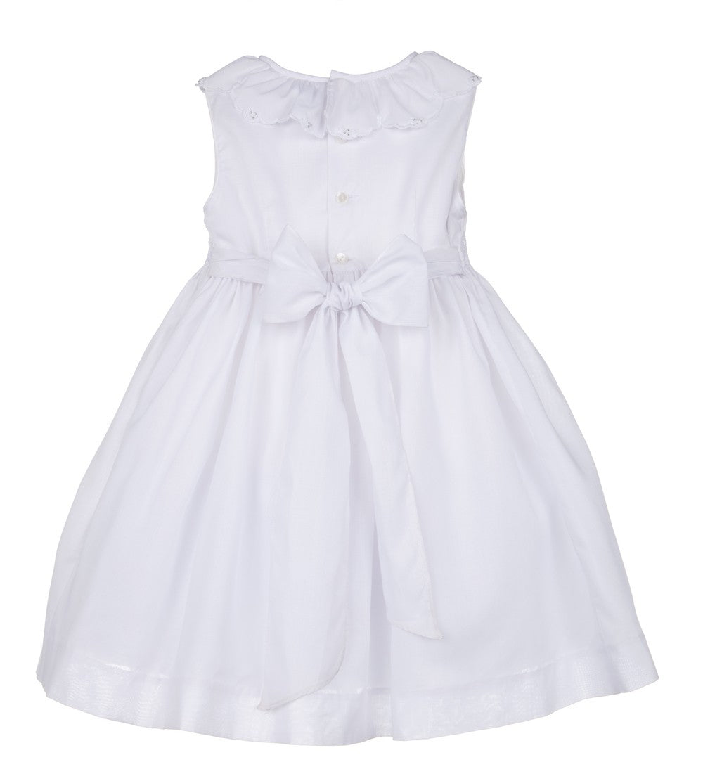 Luli & Me Girls Sleeveless White Fully Smocked Bodice Dress - Ruffle Neck & Sash