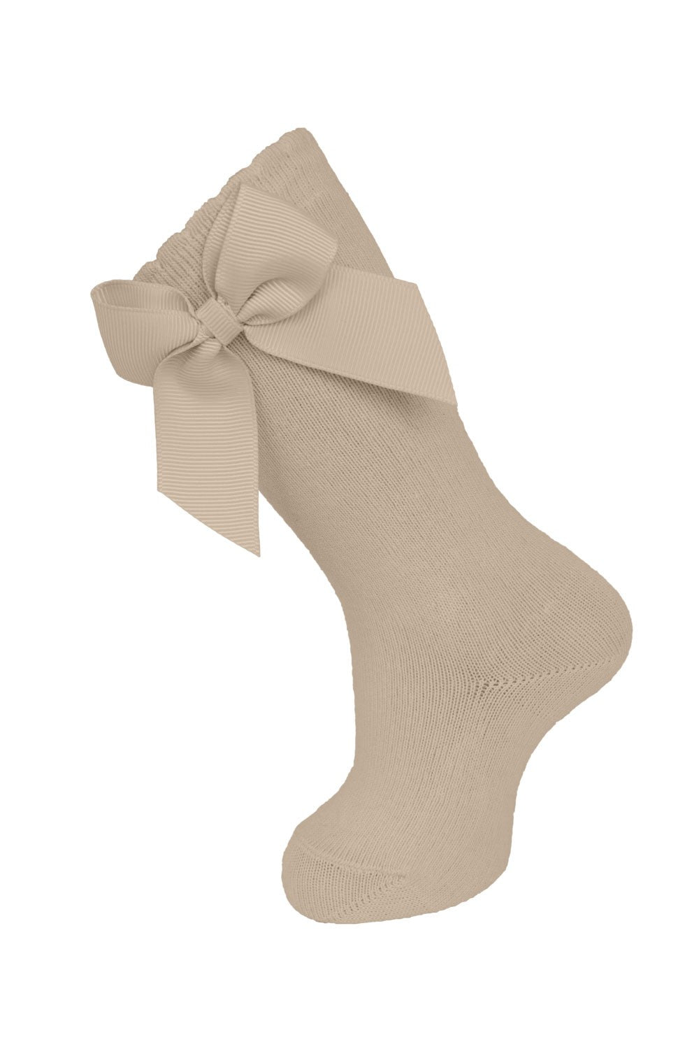 Carlomagno Socks - Girls Cotton Knee High Socks - Attached Grosgrain Bow - Tan Camel