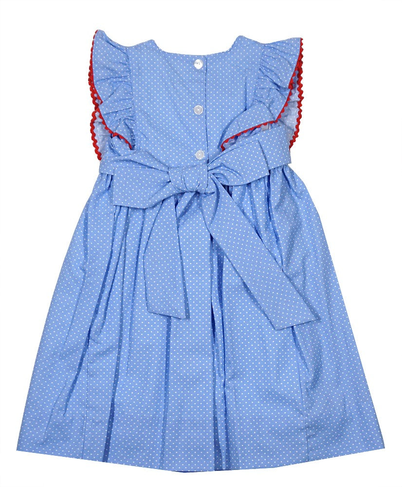 Anavini Girls Blue / White Dots Smocked Farm Dress - Ruffle Pinafore - Sash in Back
