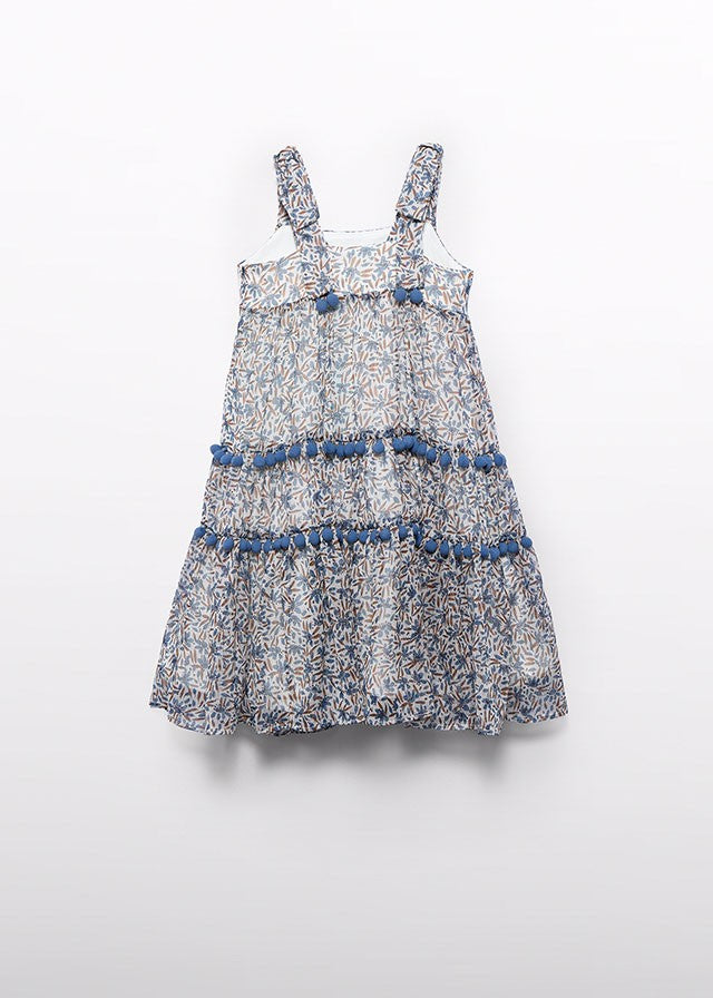 Abel & Lula Girls Bambula Midi Dress - Pom Poms - Blue