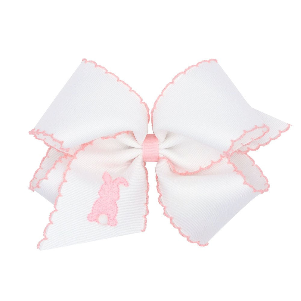 Wee Ones Girls White Hair Bow - Pink Moonstitch - Embroidered Pink Bunny Backside by Wee Ones