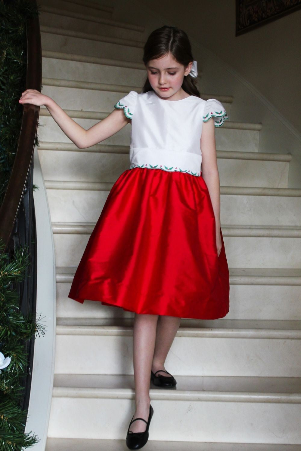 Susanne Lively Girls Red Christmas Party Dress - White Bodice - Holly Embroidery Details