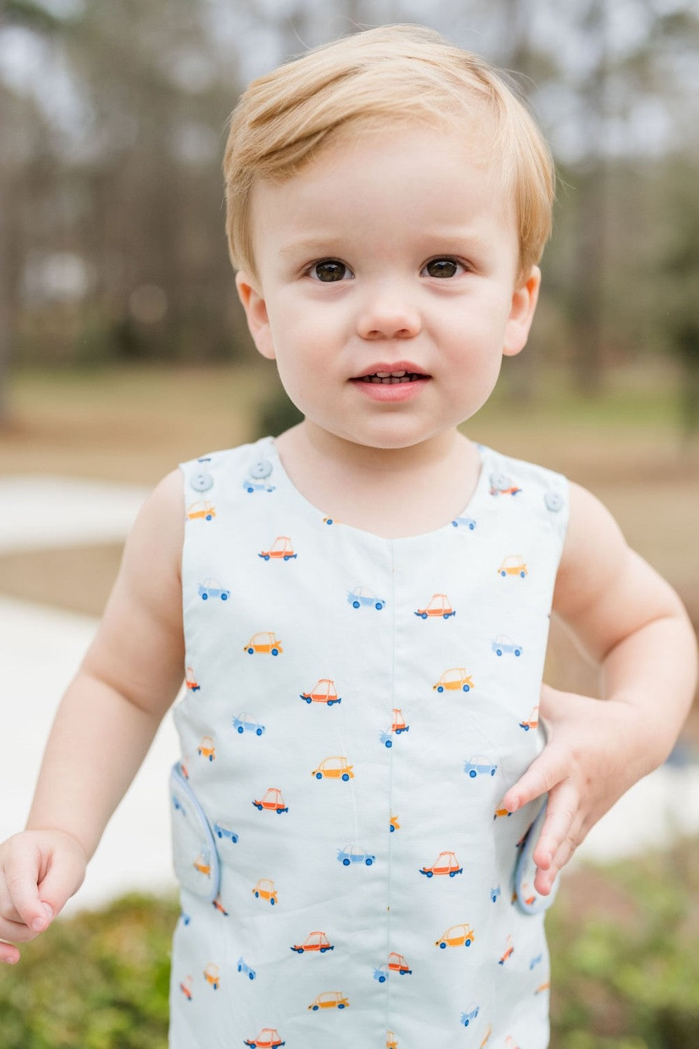 James & Lottie Boys Knit Reed Jon Jon - Blue Cars Print