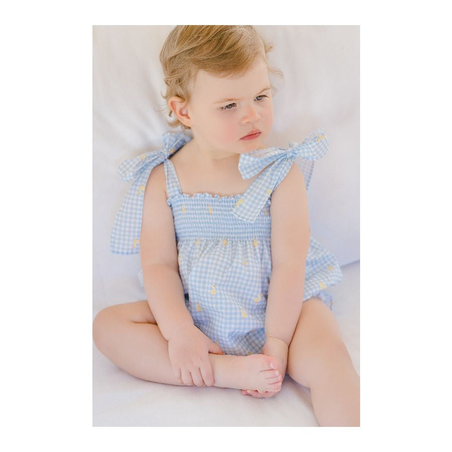 Sal & Pimenta Baby Girls Blue Check Bubble with Ties - Embroidered Ducklings