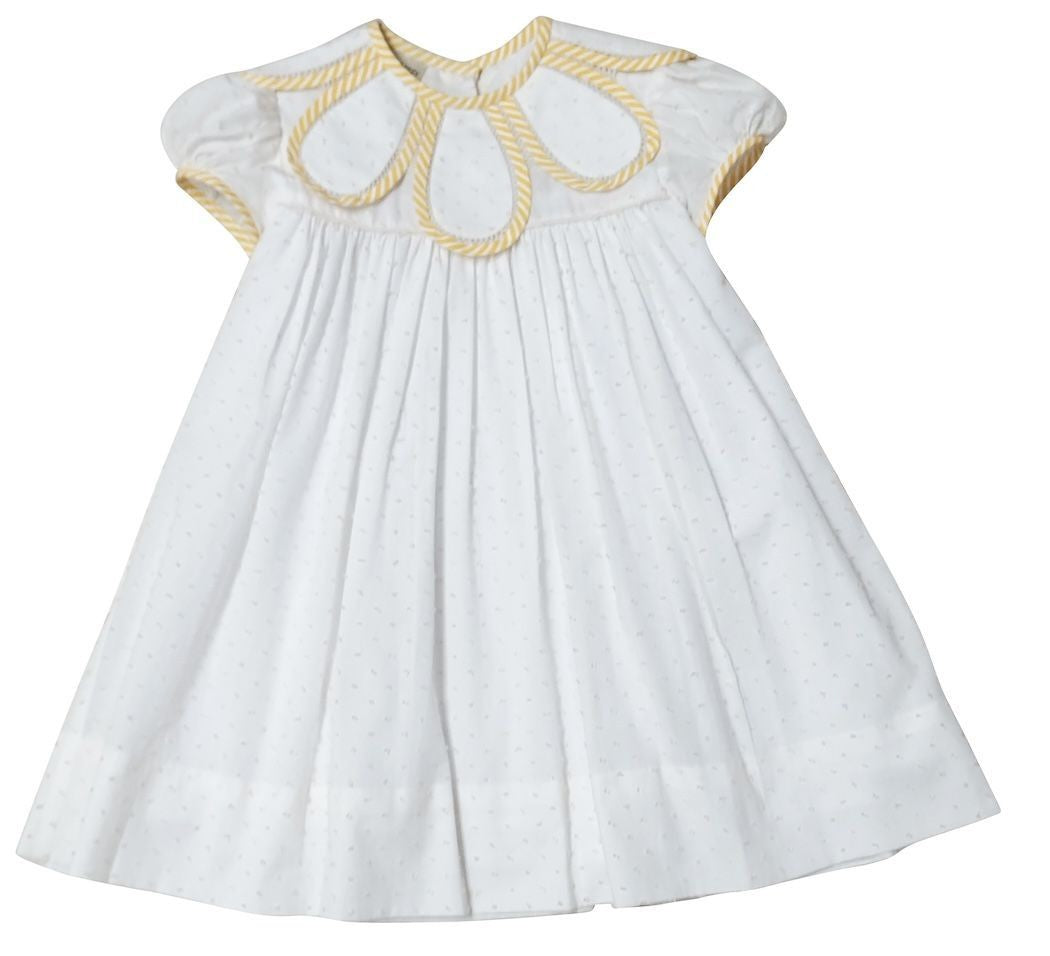 Marco & Lizzy Girls White Dotted Swiss Dress - Yellow Trim Petal Collar